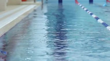 Genç kız gözlük ve mavi su havuzda sırtüstü stil kap.