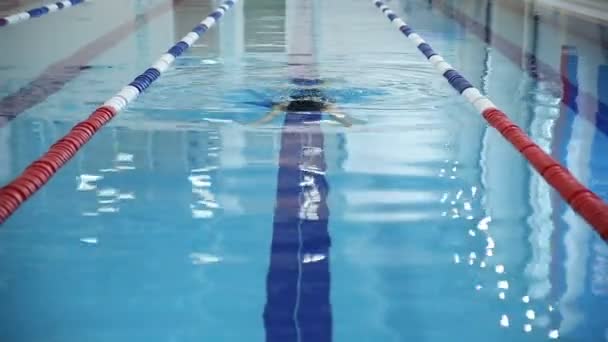 Giovane ragazza in occhiali e cappello nuoto stile rana nella piscina d'acqua blu . — Video Stock