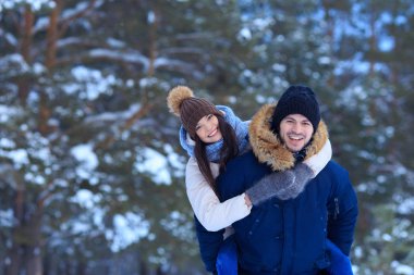Karlı kış ormanda yürüyüş romantik