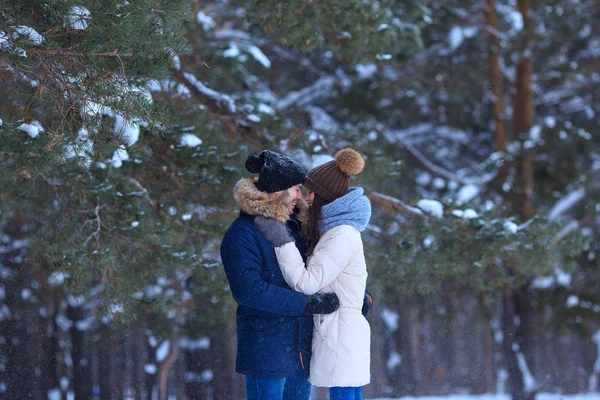 Abraços de casal jovens felizes em florestas nevadas de inverno — Fotografia de Stock
