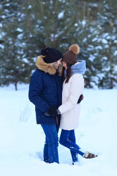 Feliz casal amoroso andando na floresta de inverno nevado — Fotografia de Stock