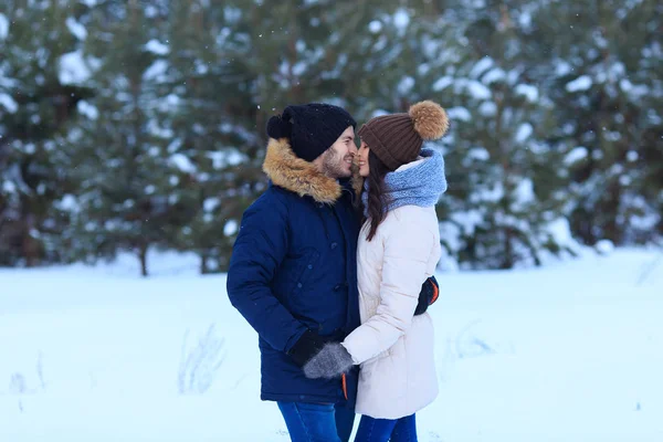 Miłość para Całowanie w lesie sosnowym zima — Zdjęcie stockowe