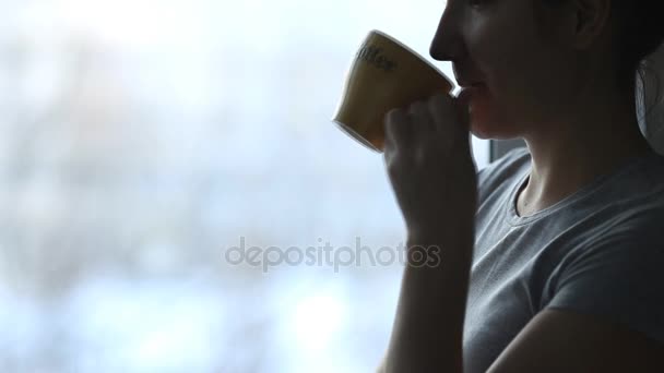 Beautiful young woman dreaming with cup of hot coffee over window — Stock Video