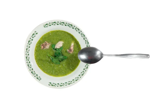Soep van puree van broccoli, aardappel versierd met peterselie en vlees — Stockfoto