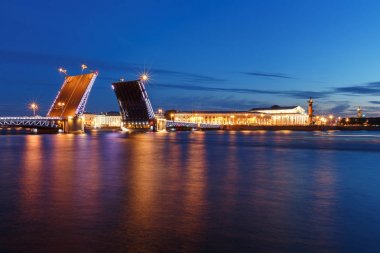 St. Petersburg geceleri. Gece şehir panoraması. Neva Nehri ve açık köprü görüntüleme.