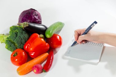 Defter taze sebze kompozisyon karşı diyet planı yazma el.