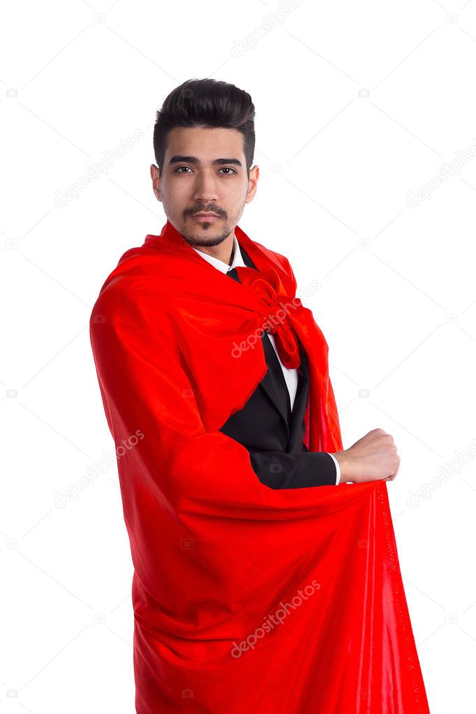 Businessman in suit and superman red cape