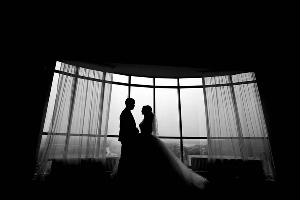Silhouettes of wedding couple hugging at hotel room near window.