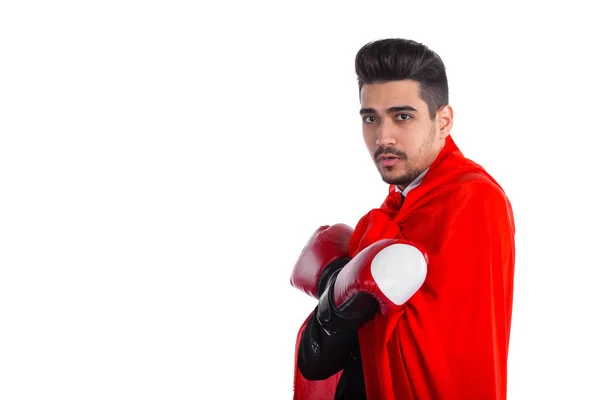 Бизнесмен в мантии супергероя и боксёрских перчатках — стоковое фото