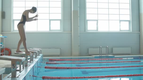 Feminino nadador pula fora do bloco de partida e começar a nadar na piscina HD vídeo em câmera lenta. Treinamento de atleta profissional: mergulho e respingos de superfície da água — Vídeo de Stock