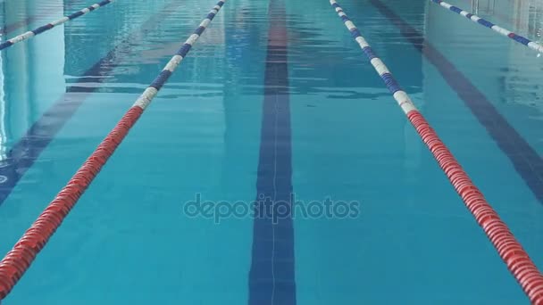 ゴーグルとキャップの青い水のプールに泳ぎにクロールのストローク スタイルの若い女の子. — ストック動画