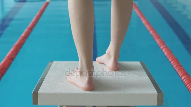 Profesyonel Bayan yüzücü başlangıç blok üzerinde yoğunlaştı. Suya atlamak — Stok video