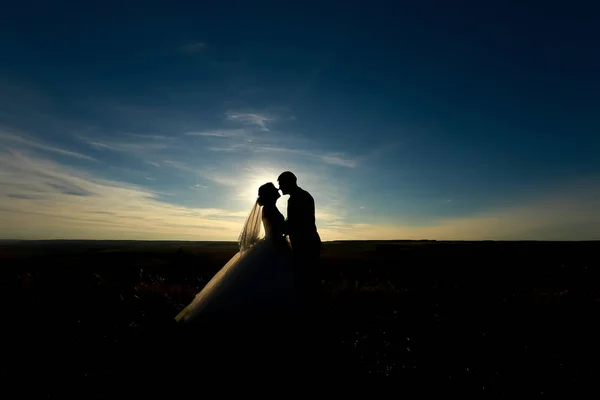 Hochzeitspaar bei Sonnenuntergang. Silhouette von Braut und Bräutigam beim Küssen auf der romantischen Hochzeit — Stockfoto