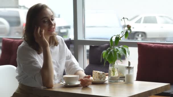 Affärskvinna talar på mobiltelefon sitter vid fönstret i caféet. — Stockvideo