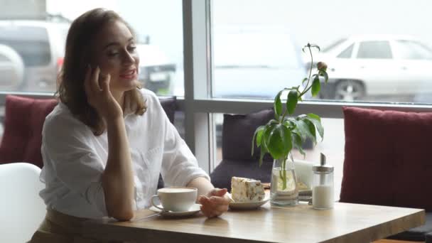 Business woman talking on mobile phone sitting by the window in the cafe. — Stock Video