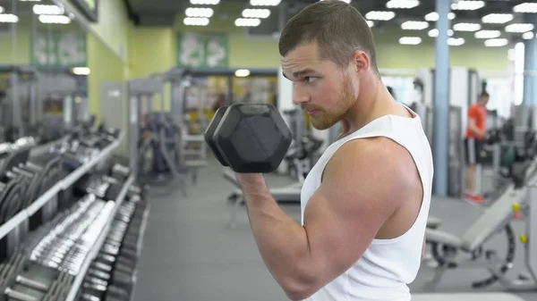 Молодой мускулистый человек делает упражнения с гантелями в спортзале. портрет мужчины-культуриста в тренажерном зале — стоковое фото