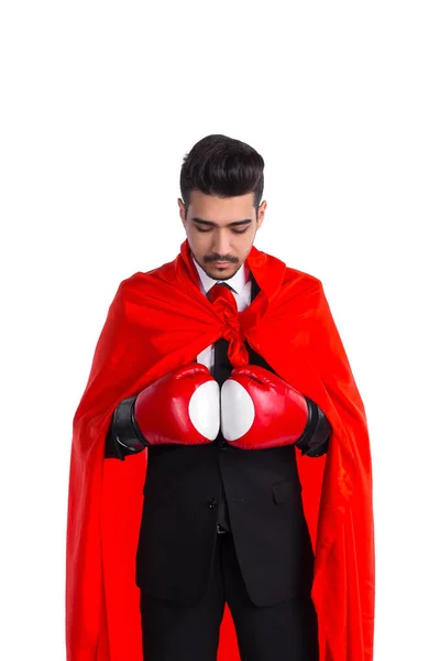 Бизнесмен в боксёрских перчатках и накидке супергероя — стоковое фото