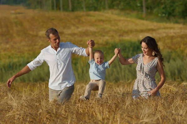 Feliz familia sonriente caminando a través de un campo de trigo — Foto de Stock