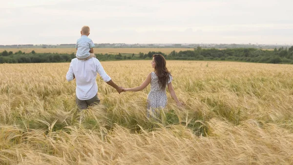Infância feliz, família caminhando no campo de trigo — Fotografia de Stock
