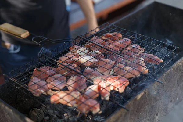 Churrascos em carvão vegetal, kebab shish, closeup grelha — Fotografia de Stock