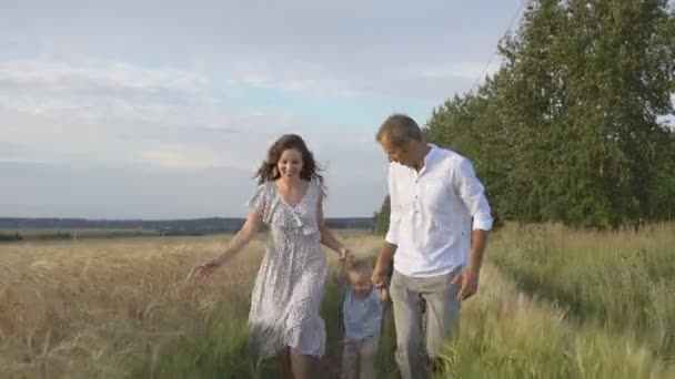 Mutter, Vater und kleiner Sohn vergnügen sich gemeinsam im Freien. Glückliche Familie rennt vor die Kamera. — Stockvideo