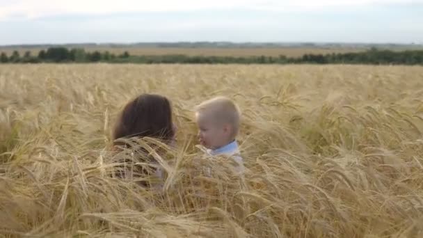 Mãe com seu filho andando por um campo de trigo — Vídeo de Stock