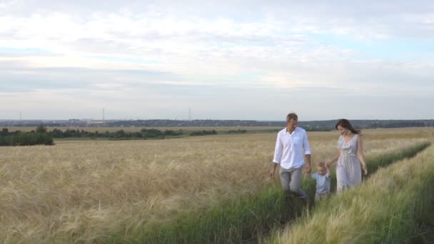 Madre, padre e hijo pequeño descansan juntos al aire libre. Familia feliz caminando en el prado de verano, cámara lenta . — Vídeos de Stock