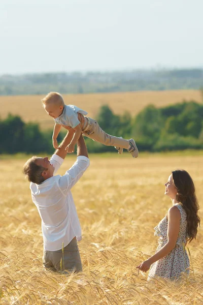 Pai brincando com filho no campo de trigo — Fotografia de Stock