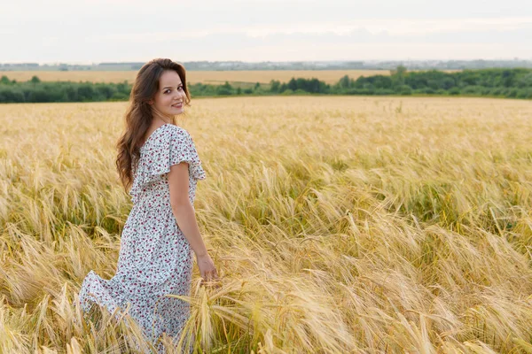 Jovem mulher bonita no vestido posa no campo de trigo — Fotografia de Stock