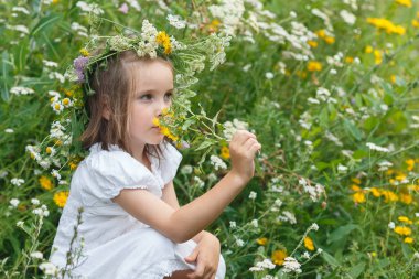 Küçük kız bir çayır üzerinde çiçekler burnunu çekmek,