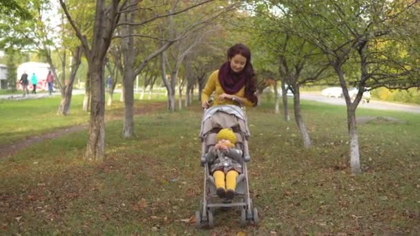 Familia en el soleado parque de otoño — Vídeos de Stock