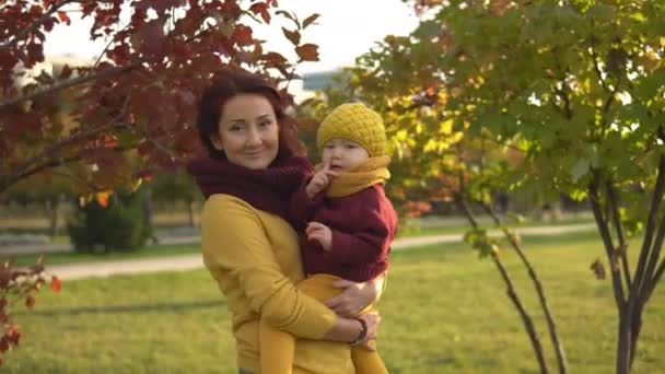 Familia en el soleado parque de otoño — Vídeos de Stock