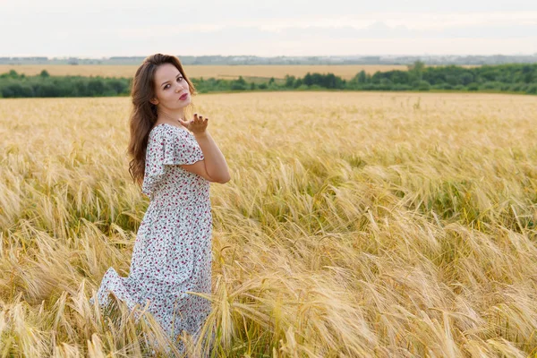 Jovem mulher bonita no vestido posa no campo de trigo — Fotografia de Stock