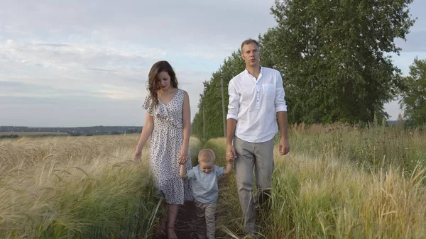 Boldog kapcsolat, a szülők és a gyerek sétál a mező — Stock Fotó