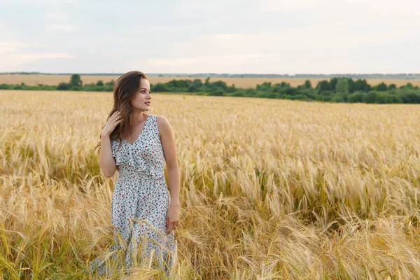 Mulher bonita em vestido em um campo de trigo — Fotografia de Stock