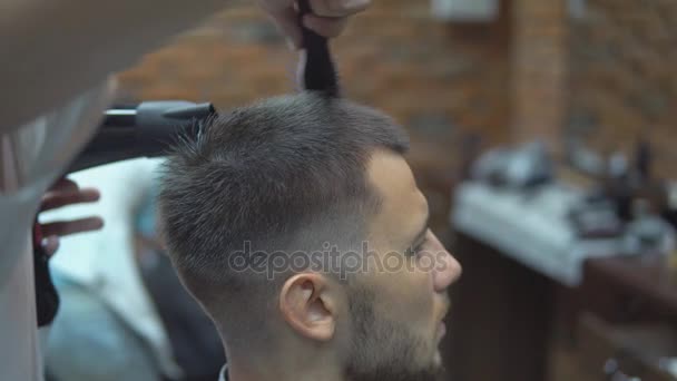 Estilista con secador de pelo y peine en peluquería — Vídeos de Stock