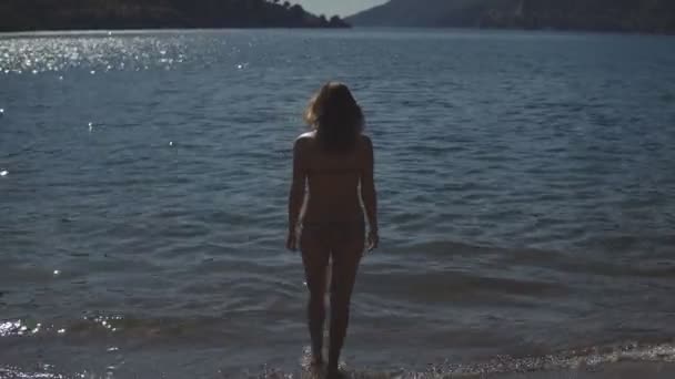 Donna bionda sexy in bikini che cammina sulla spiaggia sabbiosa in una bella giornata — Video Stock