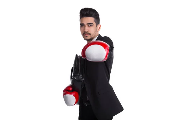Концепция защиты бизнеса, человек в боксёрских перчатках — стоковое фото