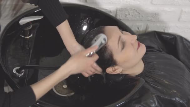 Jeune femme dans un salon de beauté. Tête de lavage . — Video