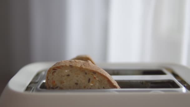 Ekmek kızartma makinesi ve iki sıcak tost, Kahvaltı için hizmet vermeye hazır — Stok video