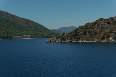 Çalılıkları içinde mavi deniz ile dağlık ada