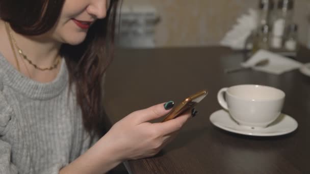 Mujer joven sentada en la cafetería con teléfono y tomando té — Vídeo de stock