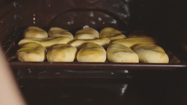Patatas con un relleno en el horno . — Vídeo de stock