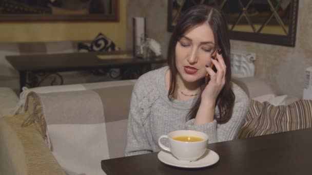 Mulher morena em um café está bebendo chá e falando ao telefone — Vídeo de Stock