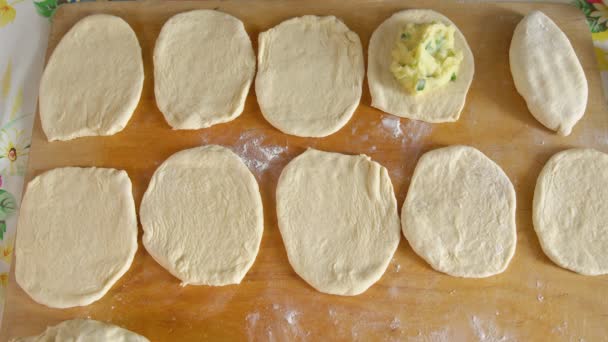 Готовить пироги с начинкой. Укладка картошки на тесто — стоковое видео
