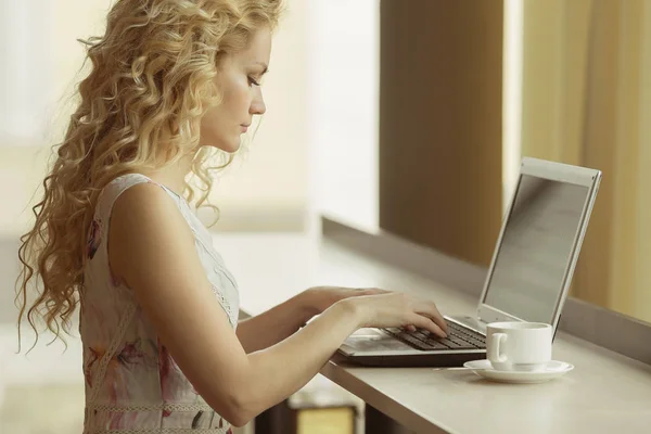 Молода ділова жінка в сукні сидить за столом у кафе, дивлячись на екран ноутбука . — стокове фото