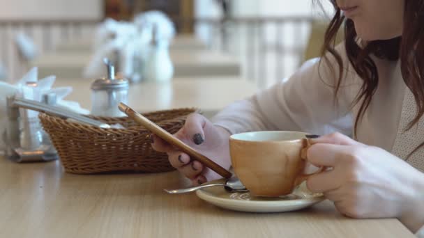 Junge Frau mit Telefon in einem Café. Nahaufnahme — Stockvideo