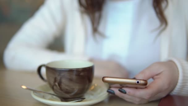 Mulher morena com um telefone em uma mesa em um café — Vídeo de Stock