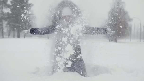 Kış parkta neşeli yürür. Genç kadın bir rüzgârla oluşan kar yığını — Stok video
