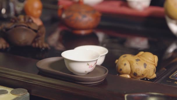 Ceremonia del té. Maestro vierte té en tazas blancas — Vídeos de Stock